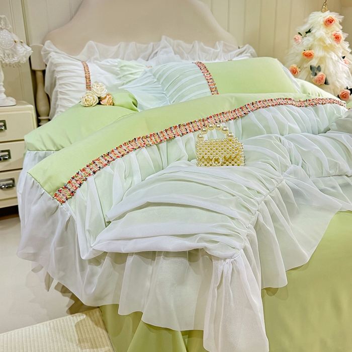 91家纺网 家纺一手货源 找家纺 艾米家居 2026春夏水洗真丝花边款四件套-春漾系列 青苹绿