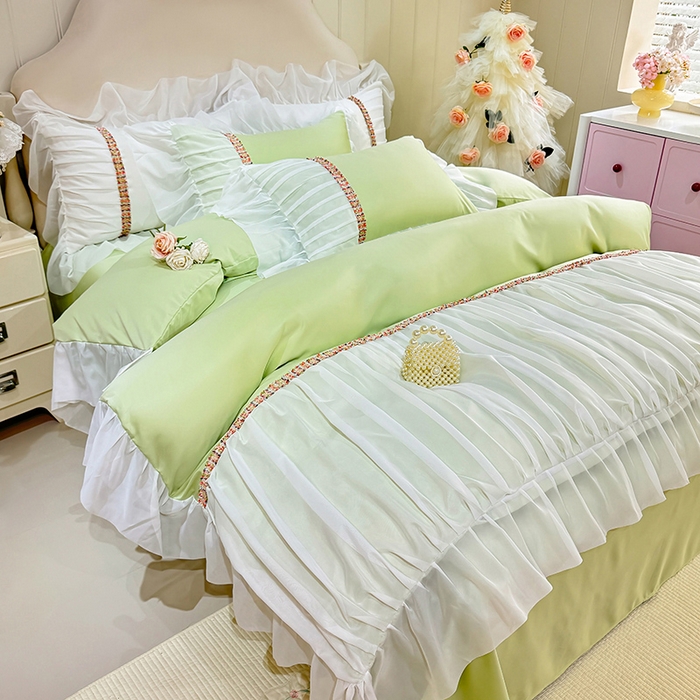 91家纺网 家纺一手货源 找家纺 艾米家居 2026春夏水洗真丝花边款四件套-春漾系列 青苹绿