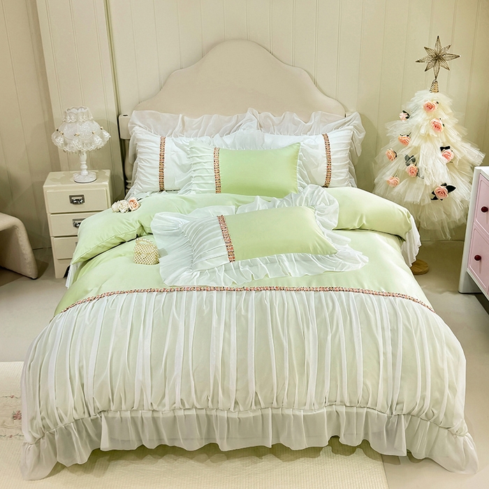 91家纺网 家纺一手货源 找家纺 艾米家居 2026春夏水洗真丝花边款四件套-春漾系列 青苹绿