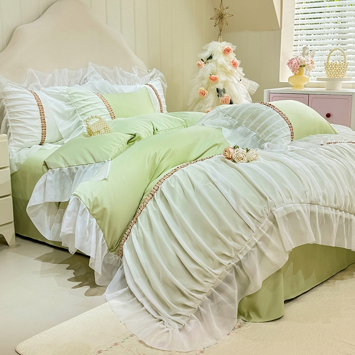 91家纺网 家纺一手货源 找家纺 艾米家居 2026春夏水洗真丝花边款四件套-春漾系列 青苹绿