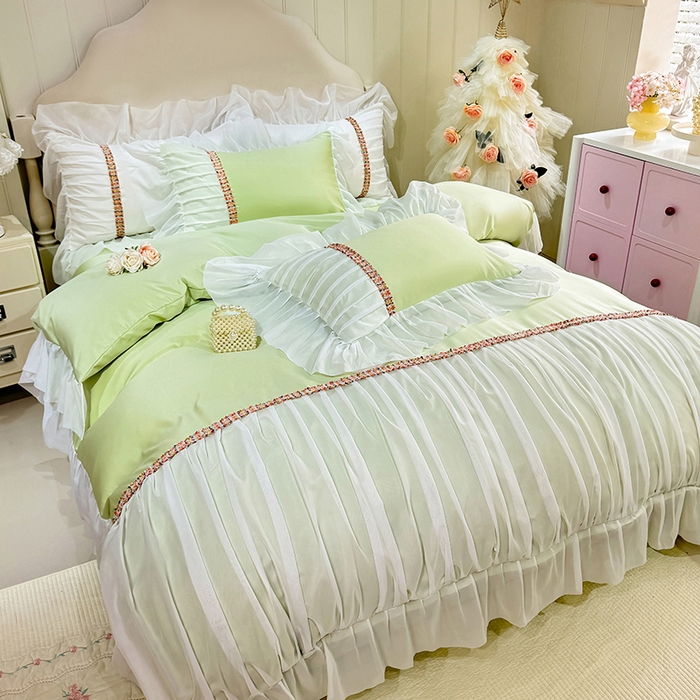 91家纺网 家纺一手货源 找家纺 艾米家居 2026春夏水洗真丝花边款四件套-春漾系列 青苹绿