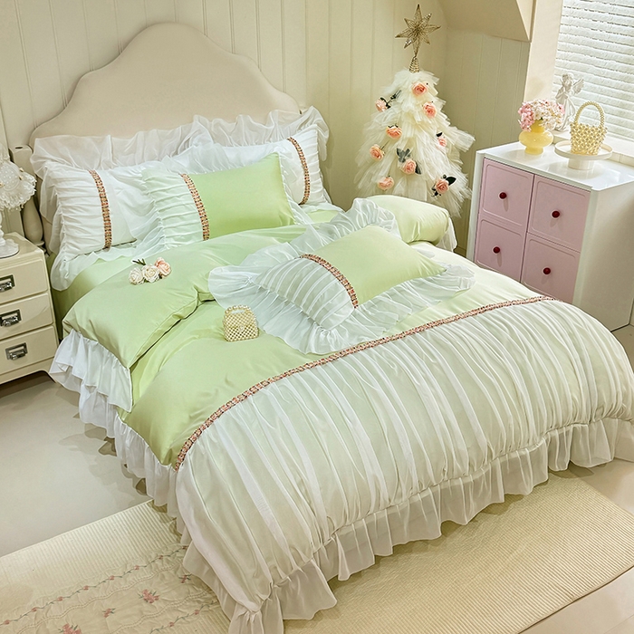 91家纺网 家纺一手货源 找家纺 艾米家居 2026春夏水洗真丝花边款四件套-春漾系列 青苹绿