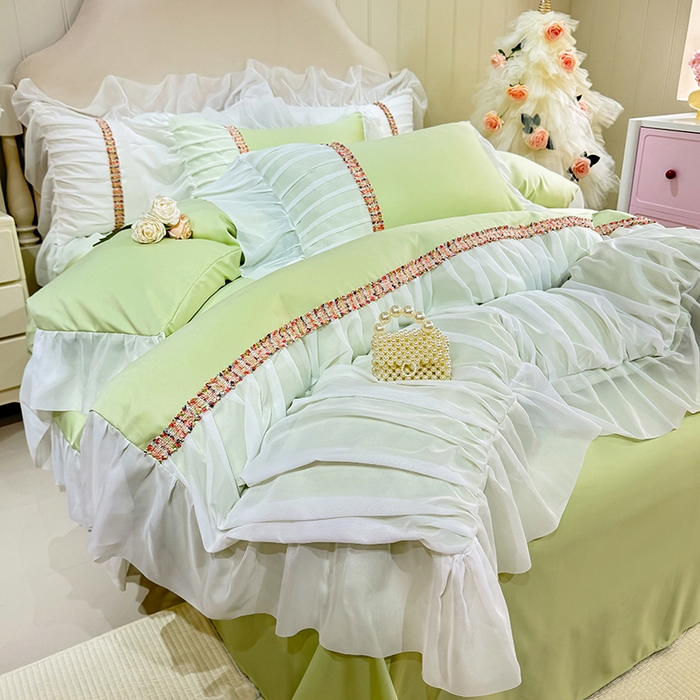 91家纺网 家纺一手货源 找家纺 艾米家居 2026春夏水洗真丝花边款四件套-春漾系列 青苹绿