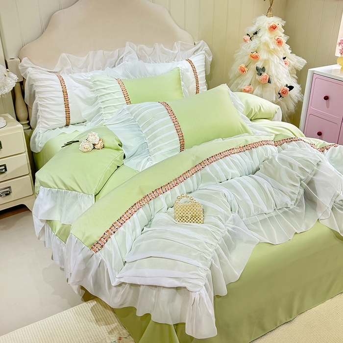 91家纺网 家纺一手货源 找家纺 艾米家居 2026春夏水洗真丝花边款四件套-春漾系列 青苹绿