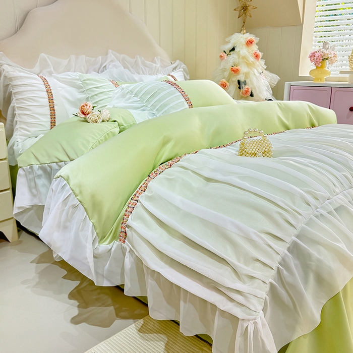 91家纺网 家纺一手货源 找家纺 艾米家居 2026春夏水洗真丝花边款四件套-春漾系列 青苹绿