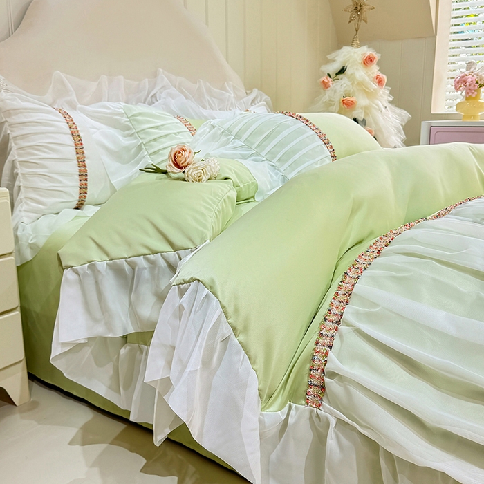 91家纺网 家纺一手货源 找家纺 艾米家居 2026春夏水洗真丝花边款四件套-春漾系列 青苹绿