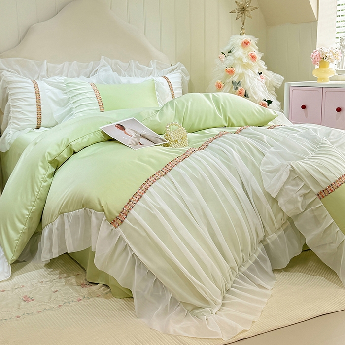 91家纺网 家纺一手货源 找家纺 艾米家居 2026春夏水洗真丝花边款四件套-春漾系列 青苹绿