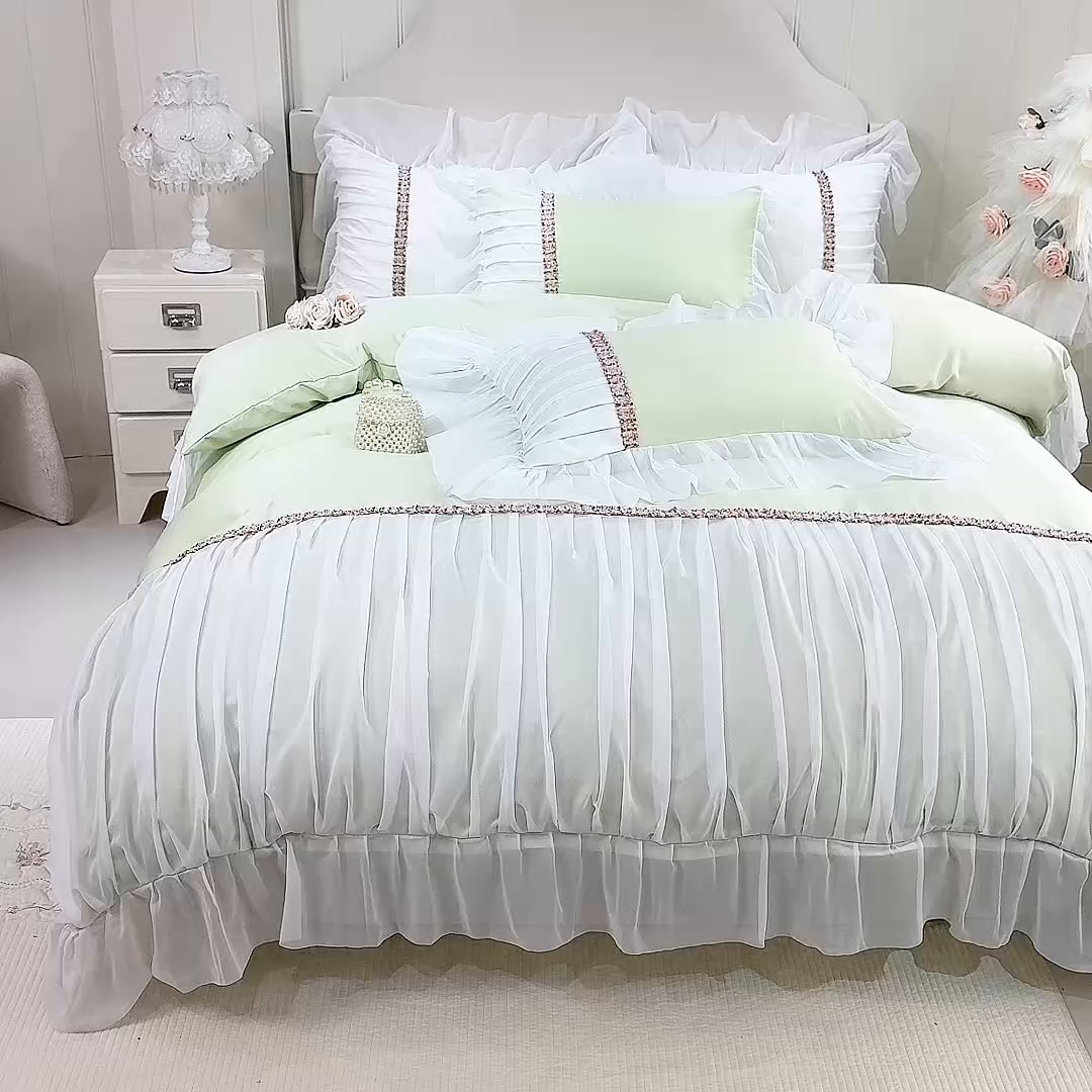 91家纺网 家纺一手货源 找家纺 艾米家居 2026春夏水洗真丝花边款四件套-春漾系列 青苹绿