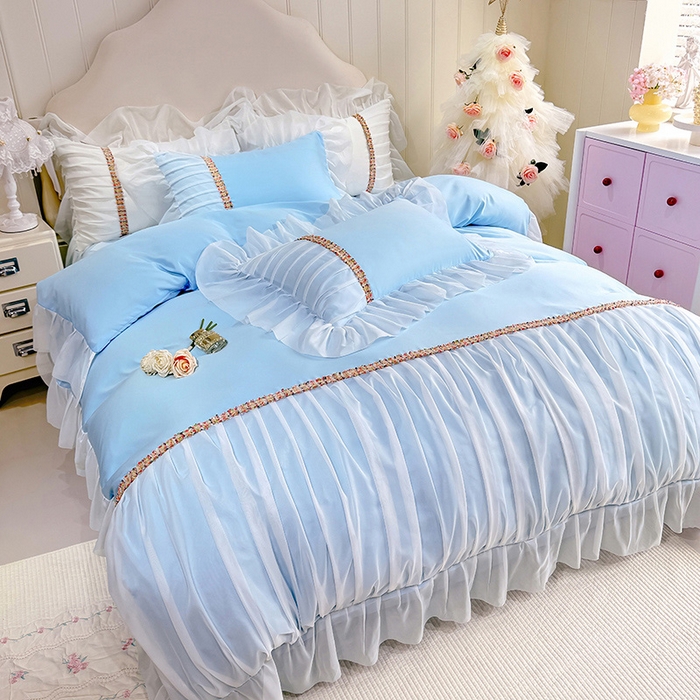 91家纺网 家纺一手货源 找家纺 艾米家居 2026春夏水洗真丝花边款四件套-春漾系列 水波蓝