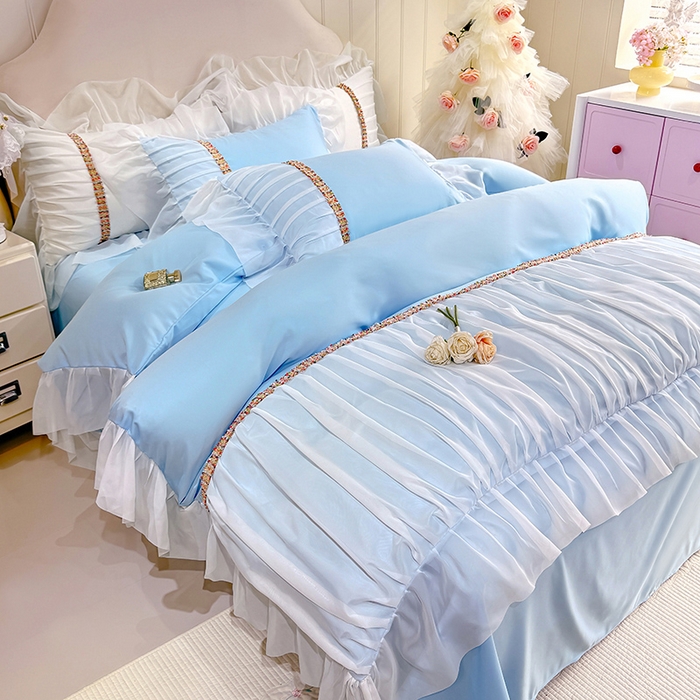 91家纺网 家纺一手货源 找家纺 艾米家居 2026春夏水洗真丝花边款四件套-春漾系列 水波蓝