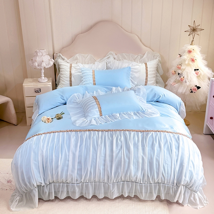 91家纺网 家纺一手货源 找家纺 艾米家居 2026春夏水洗真丝花边款四件套-春漾系列 水波蓝