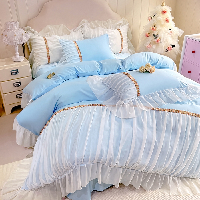 91家纺网 家纺一手货源 找家纺 艾米家居 2026春夏水洗真丝花边款四件套-春漾系列 水波蓝