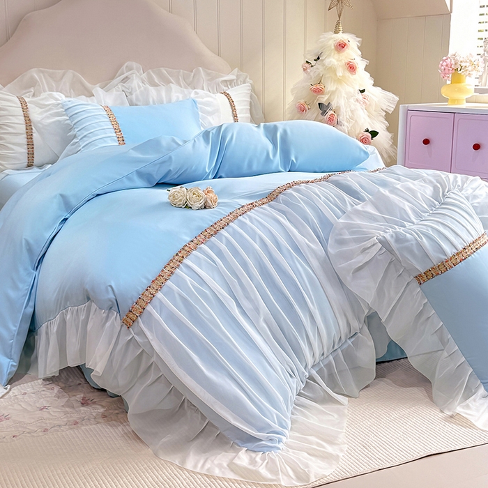 91家纺网 家纺一手货源 找家纺 艾米家居 2026春夏水洗真丝花边款四件套-春漾系列 水波蓝