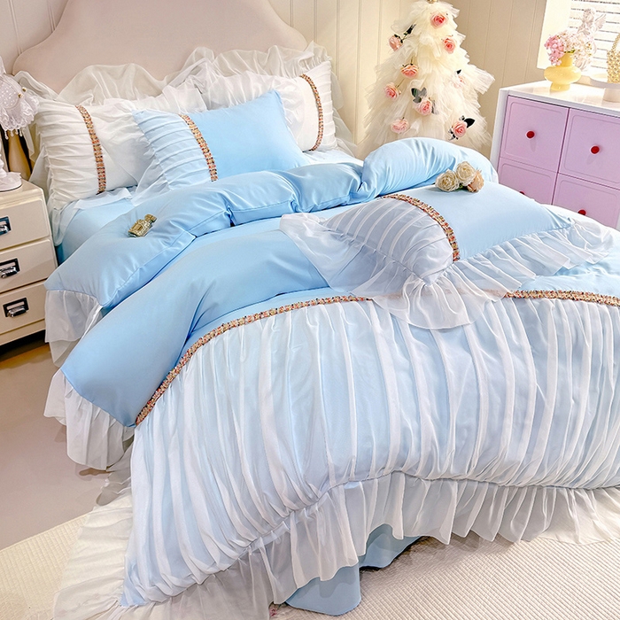 91家纺网 家纺一手货源 找家纺 艾米家居 2026春夏水洗真丝花边款四件套-春漾系列 水波蓝