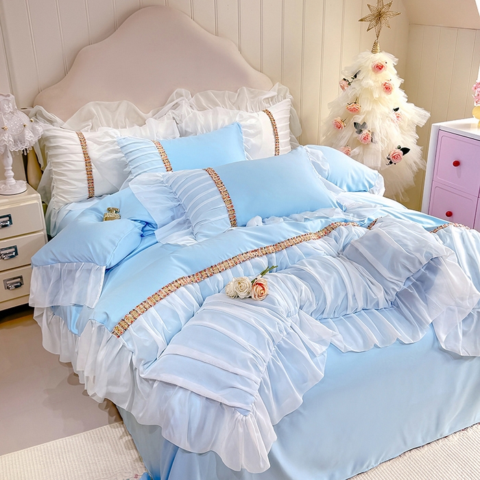 91家纺网 家纺一手货源 找家纺 艾米家居 2026春夏水洗真丝花边款四件套-春漾系列 水波蓝