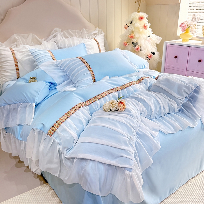 91家纺网 家纺一手货源 找家纺 艾米家居 2026春夏水洗真丝花边款四件套-春漾系列 水波蓝