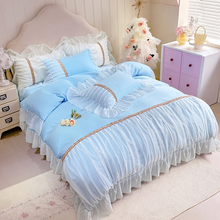 91家纺网 家纺一手货源 找家纺 艾米家居 2026春夏水洗真丝花边款四件套-春漾系列 水波蓝