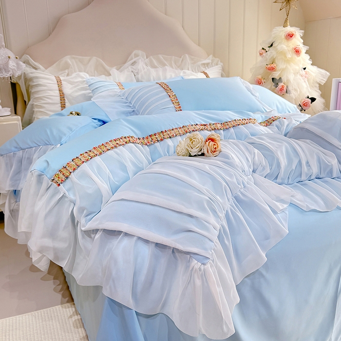 91家纺网 家纺一手货源 找家纺 艾米家居 2026春夏水洗真丝花边款四件套-春漾系列 水波蓝