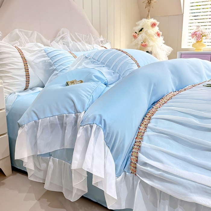 91家纺网 家纺一手货源 找家纺 艾米家居 2026春夏水洗真丝花边款四件套-春漾系列 水波蓝