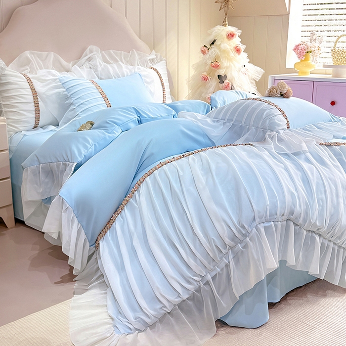 91家纺网 家纺一手货源 找家纺 艾米家居 2026春夏水洗真丝花边款四件套-春漾系列 水波蓝