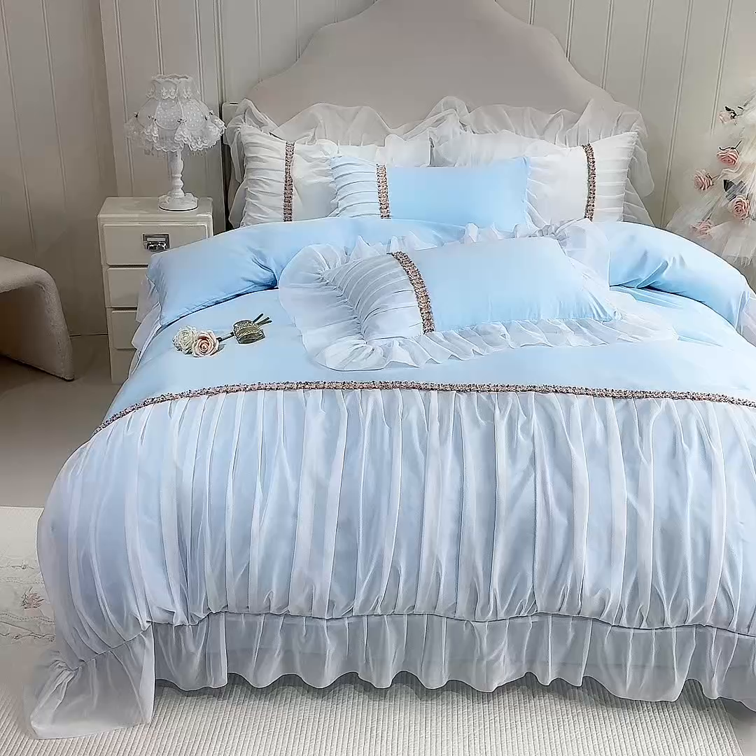 91家纺网 家纺一手货源 找家纺 艾米家居 2026春夏水洗真丝花边款四件套-春漾系列 水波蓝