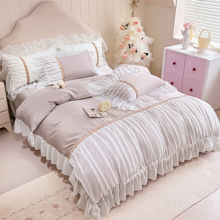 91家纺网 家纺一手货源 找家纺 艾米家居 2026春夏水洗真丝花边款四件套-春漾系列 浅藕色