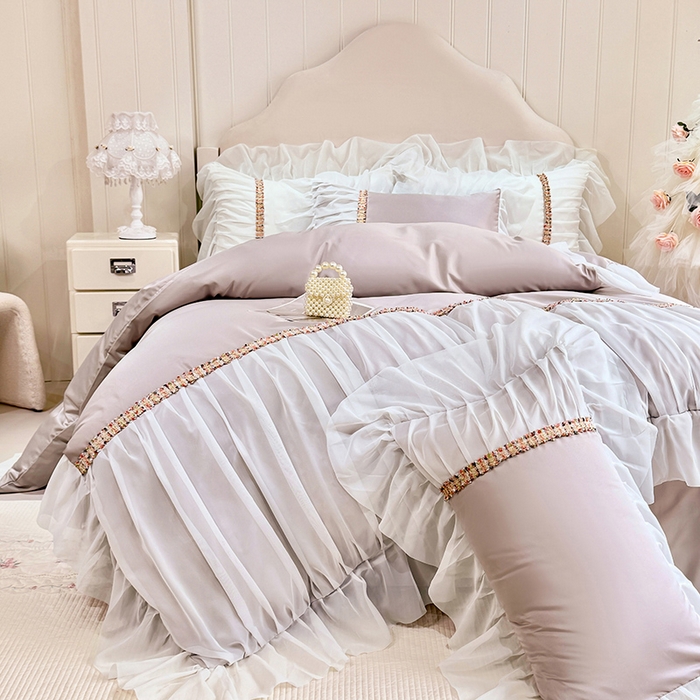 艾米家居 2026春夏水洗真丝花边款四件套-春漾系列 浅藕色