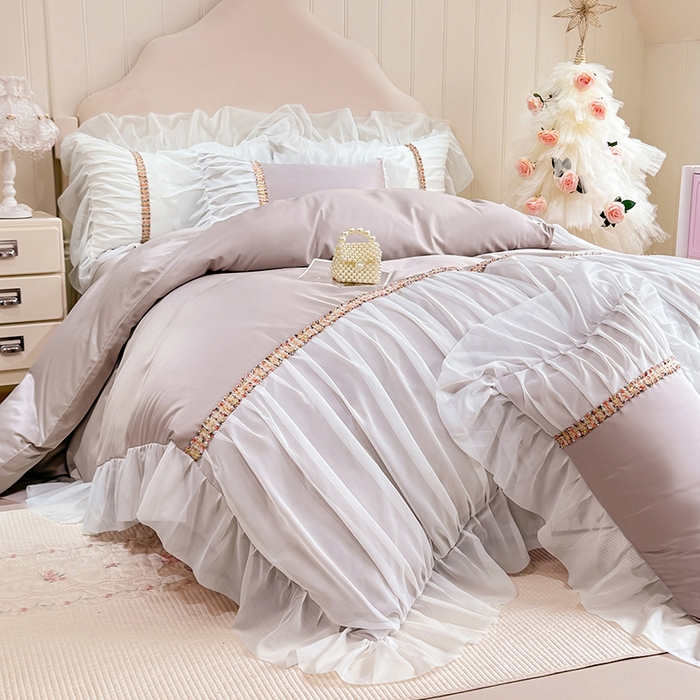 91家纺网 家纺一手货源 找家纺 艾米家居 2026春夏水洗真丝花边款四件套-春漾系列 浅藕色