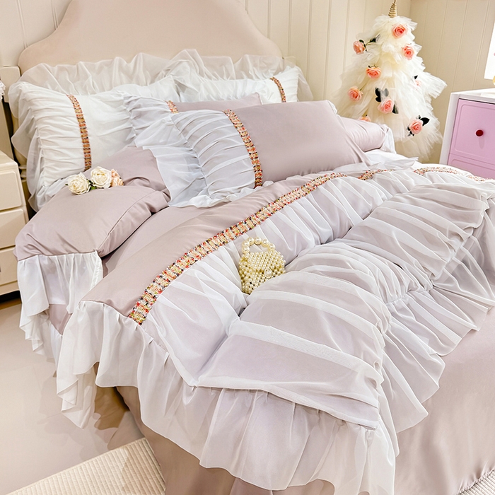 91家纺网 家纺一手货源 找家纺 艾米家居 2026春夏水洗真丝花边款四件套-春漾系列 浅藕色