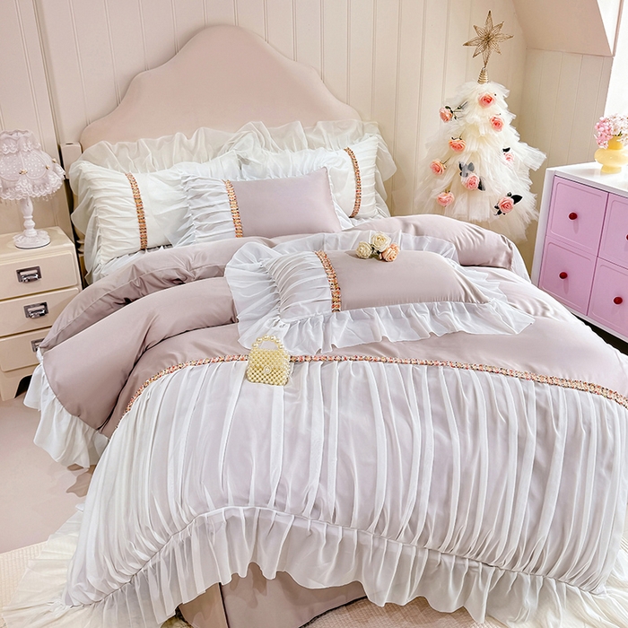 91家纺网 家纺一手货源 找家纺 艾米家居 2026春夏水洗真丝花边款四件套-春漾系列 浅藕色