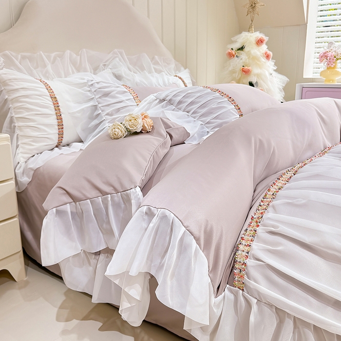 91家纺网 家纺一手货源 找家纺 艾米家居 2026春夏水洗真丝花边款四件套-春漾系列 浅藕色