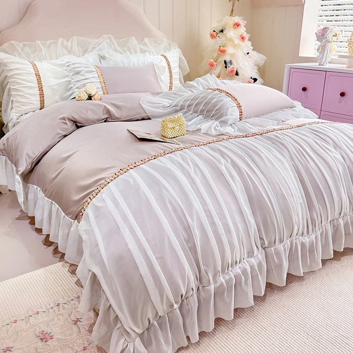 91家纺网 家纺一手货源 找家纺 艾米家居 2026春夏水洗真丝花边款四件套-春漾系列 浅藕色