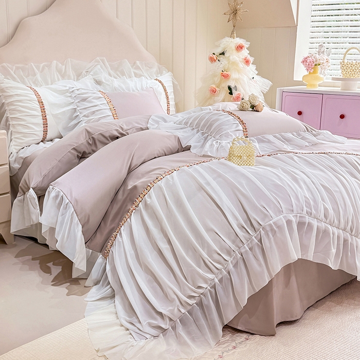 91家纺网 家纺一手货源 找家纺 艾米家居 2026春夏水洗真丝花边款四件套-春漾系列 浅藕色