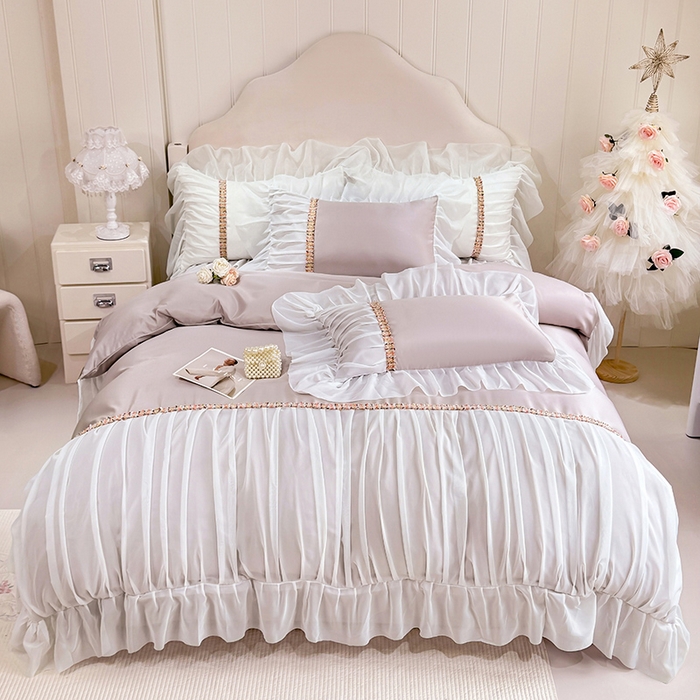 91家纺网 家纺一手货源 找家纺 艾米家居 2026春夏水洗真丝花边款四件套-春漾系列 浅藕色