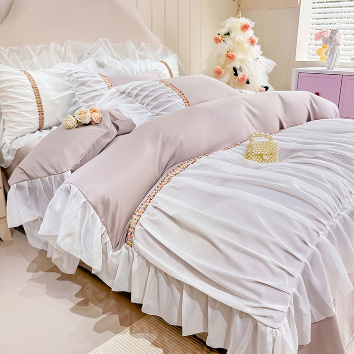 91家纺网 家纺一手货源 找家纺 艾米家居 2026春夏水洗真丝花边款四件套-春漾系列 浅藕色