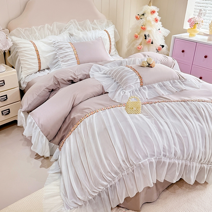 91家纺网 家纺一手货源 找家纺 艾米家居 2026春夏水洗真丝花边款四件套-春漾系列 浅藕色