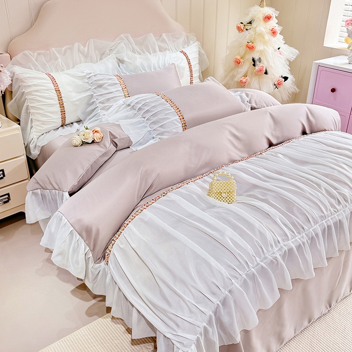 91家纺网 家纺一手货源 找家纺 艾米家居 2026春夏水洗真丝花边款四件套-春漾系列 浅藕色