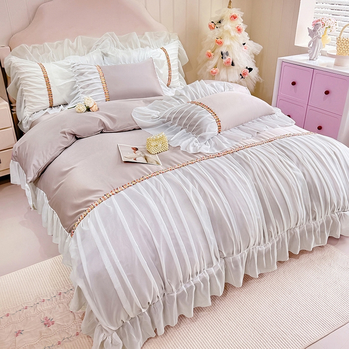 91家纺网 家纺一手货源 找家纺 艾米家居 2026春夏水洗真丝花边款四件套-春漾系列 浅藕色