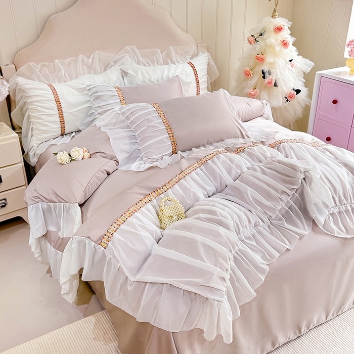 91家纺网 家纺一手货源 找家纺 艾米家居 2026春夏水洗真丝花边款四件套-春漾系列 浅藕色