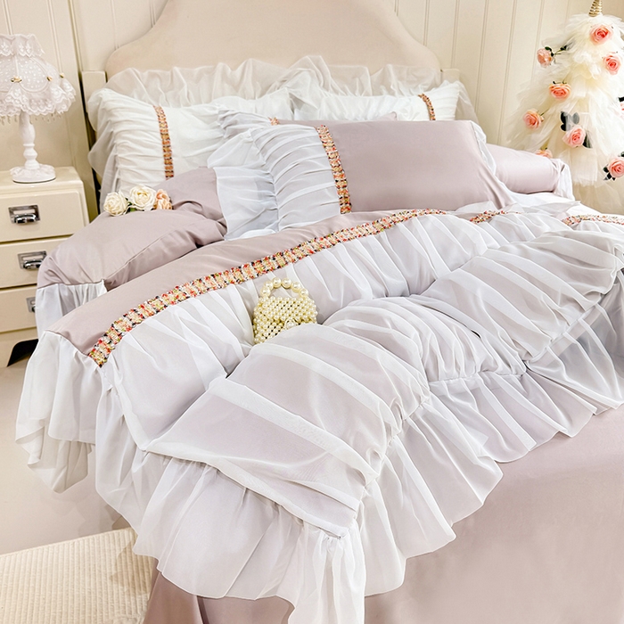 91家纺网 家纺一手货源 找家纺 艾米家居 2026春夏水洗真丝花边款四件套-春漾系列 浅藕色