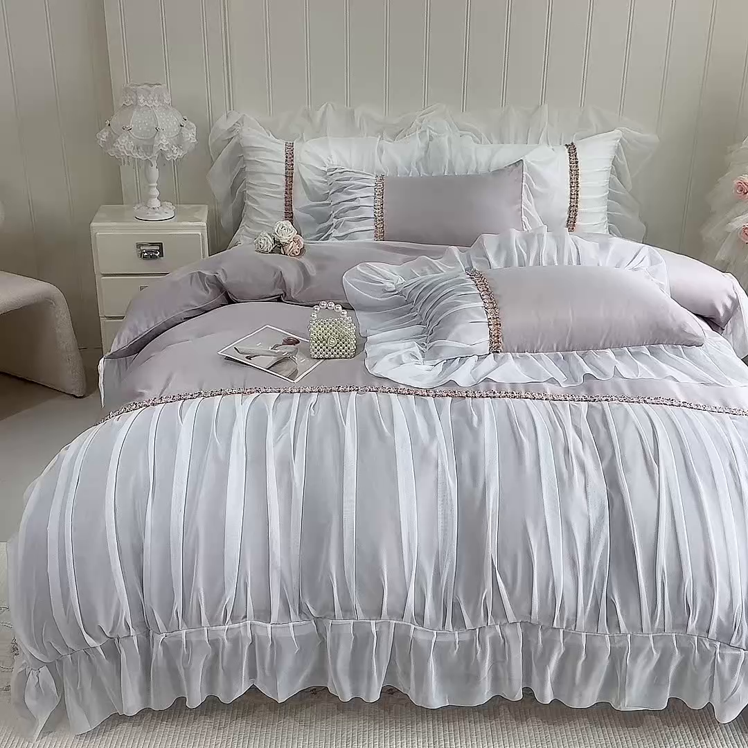 91家纺网 家纺一手货源 找家纺 艾米家居 2026春夏水洗真丝花边款四件套-春漾系列 浅藕色