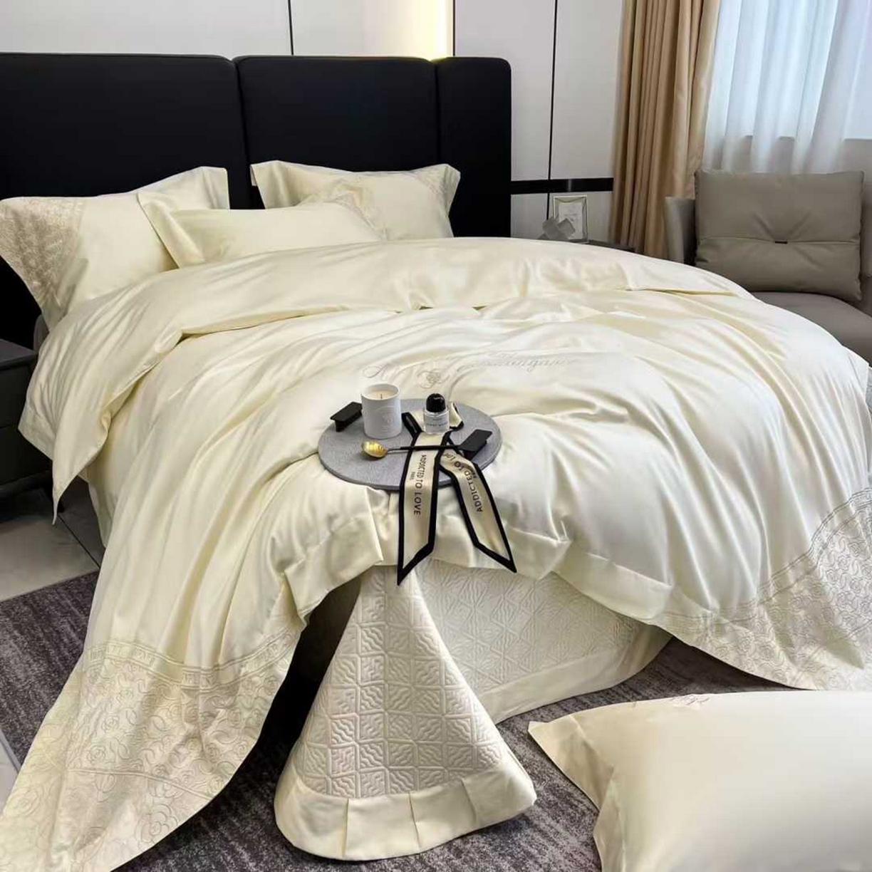 edra 2026新款纯棉长绒棉轻奢刺绣床盖款四件套-香奈儿 香奈儿白