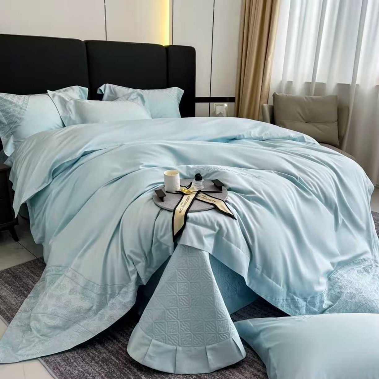 edra 2026新款纯棉长绒棉轻奢刺绣床盖款四件套-香奈儿 香奈儿蓝