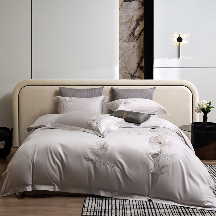 蒂爵 2026新款贡缎100支长绒棉全棉纯棉刺绣绣花四件套高端四件套-繁花 繁花-晶钻灰