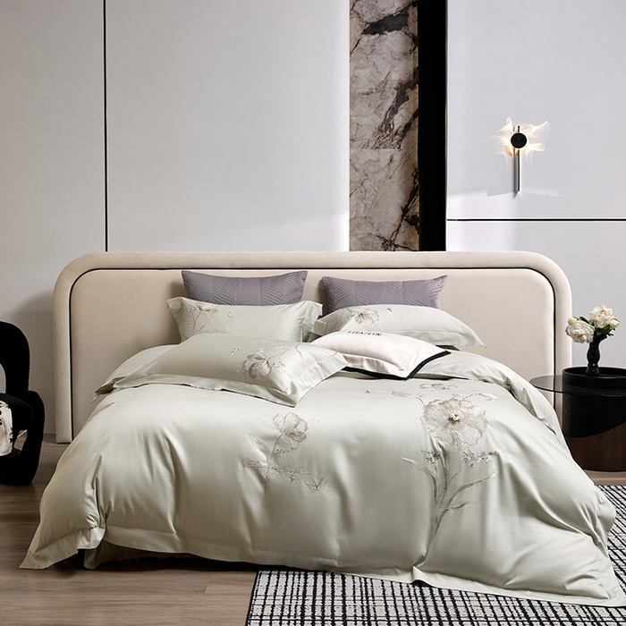 蒂爵 2026新款贡缎100支长绒棉全棉纯棉刺绣绣花四件套高端四件套-繁花 繁花-抹茶绿