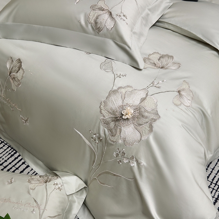 91家纺网 家纺一手货源 找家纺 蒂爵 2026新款贡缎100支长绒棉全棉纯棉刺绣绣花四件套高端四件套-繁花 繁花-抹茶绿