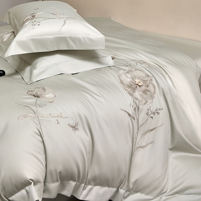 91家纺网 家纺一手货源 找家纺 蒂爵 2026新款贡缎100支长绒棉全棉纯棉刺绣绣花四件套高端四件套-繁花 繁花-抹茶绿