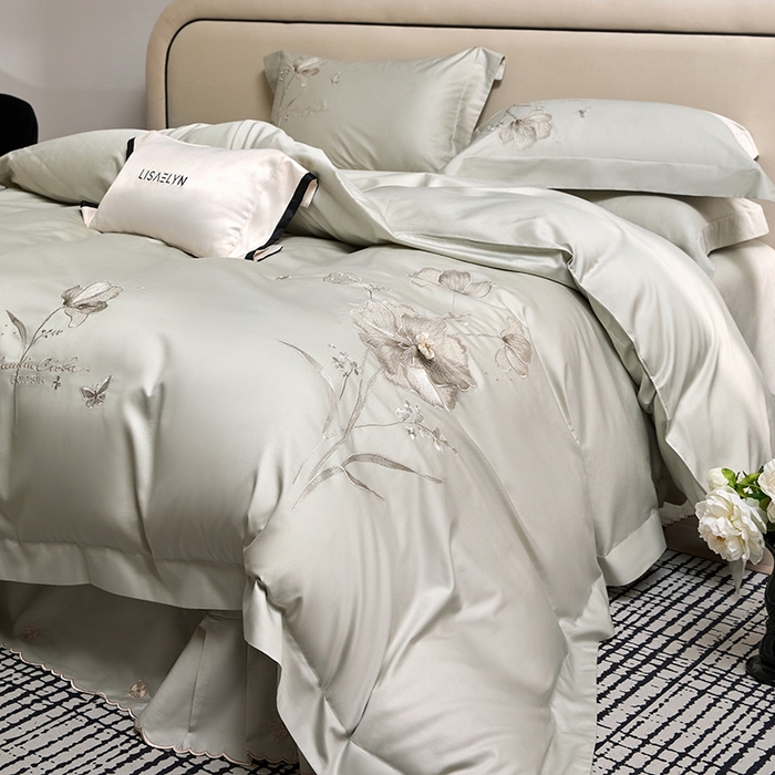 91家纺网 家纺一手货源 找家纺 蒂爵 2026新款贡缎100支长绒棉全棉纯棉刺绣绣花四件套高端四件套-繁花 繁花-抹茶绿