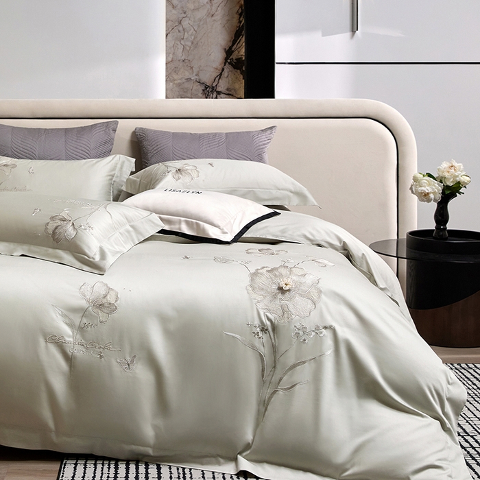 91家纺网 家纺一手货源 找家纺 蒂爵 2026新款贡缎100支长绒棉全棉纯棉刺绣绣花四件套高端四件套-繁花 繁花-抹茶绿