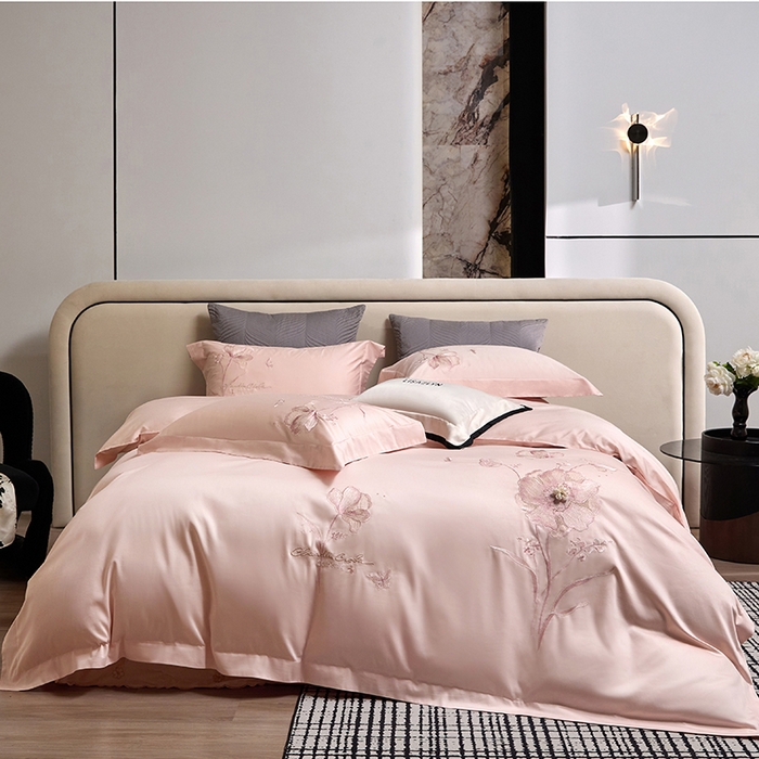 蒂爵 2026新款贡缎100支长绒棉全棉纯棉刺绣绣花四件套高端四件套-繁花 繁花-倩影粉